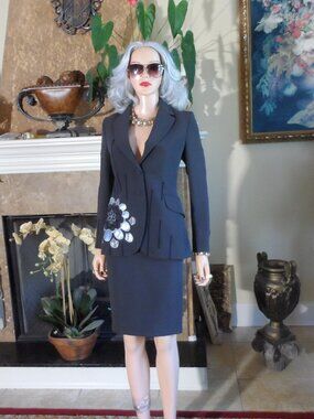Moschino Cheap and Chic Dark Gray Floral Appliqué Skirt Suit Size US 6